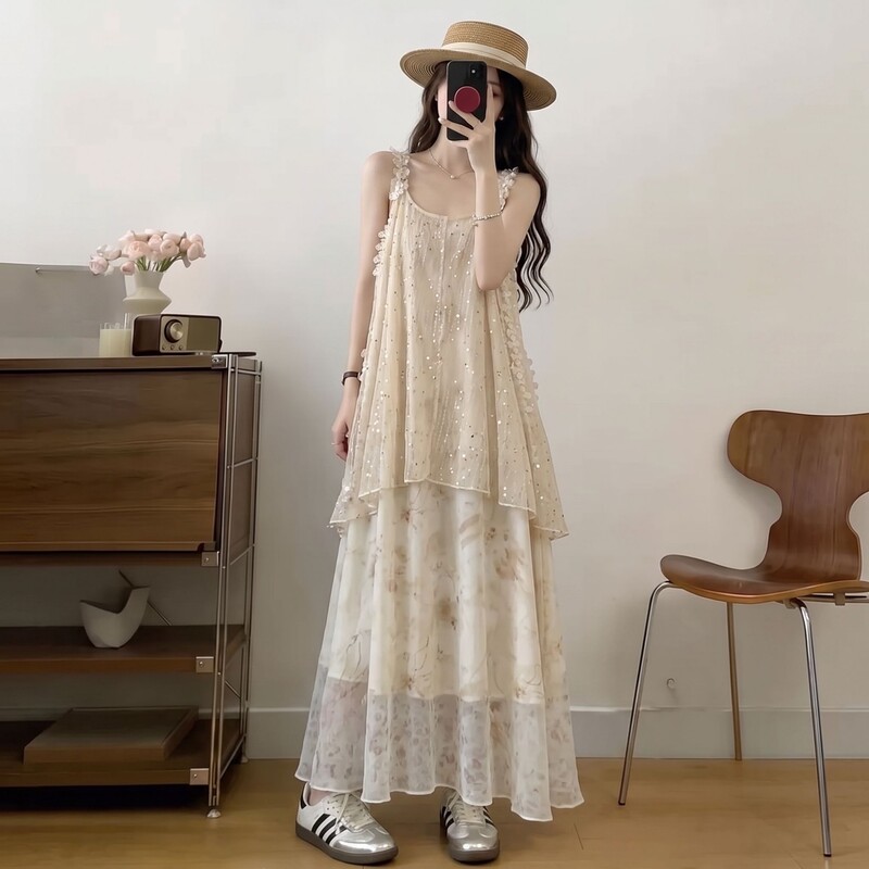 Vacation-Style High-End Spaghetti Strap Dress for Women, Summer Plus Size, Slimming, Elegant French-Style Gradient Long Dress Vacation-Style High-End Spaghetti Strap Dress for Women, Summer Plus Size, Slimming, Elegant French-Style Gradient Long Dress