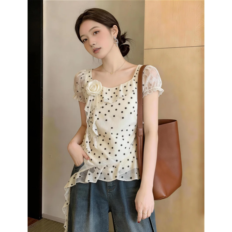 Irregular Ruffled Polka Dot Lace Short-Sleeved Shirt for Women in Summer, Plus Size, Stylish and Slimming Top for Plus-Size Women