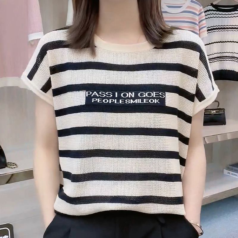 Trendy New Style Thin Knit Top Ice Silk Sleeveless Slimming Popular T-Shirt Women's Round Neck Striped Tee