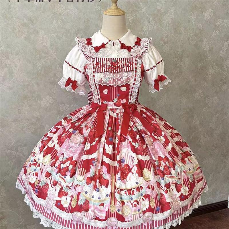 【Striped Strawberry】Cute and Sweet Vintage Doll-Style Lolita Dress, Strawberry Dress in Red, Small Batch in Stock