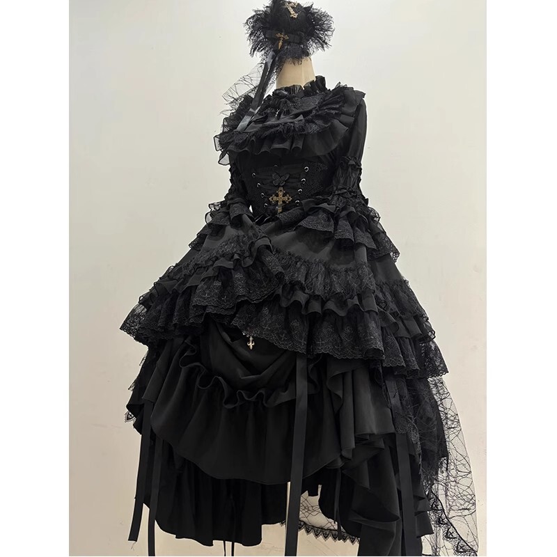 Eternal Taboo Black Gothic Style Vintage-Feel Sleeve Waist-Cinching Dress Lolita Dress Elegant Everyday Wear