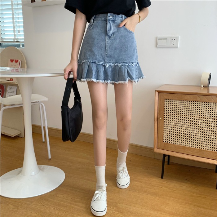 Mùa hè 2020 mới của Hàn Quốc phiên bản của mỏng 100-pack EDILE một từ váy eo cao retro pleated denim váy phụ nữ