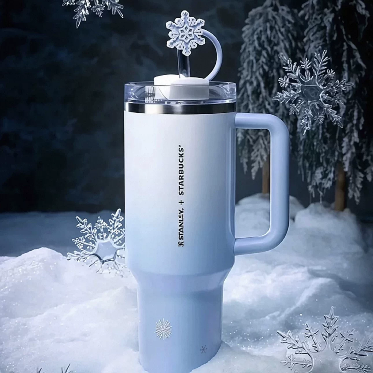 Starbucks Cup Snow Wonderland Series Gradient Blue Snowflake Stanley Stainless Steel Straw Cup