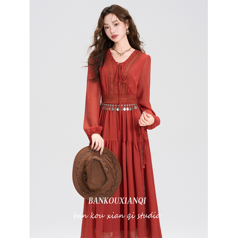 Bohemian Ethnic Style Red Long-Sleeve Dress with a Cinched Waist, New Spring Travel Outfit Bohemian Ethnic Style Red Long-Sleeve Dress with a Cinched Waist, New Spring Travel Outfit