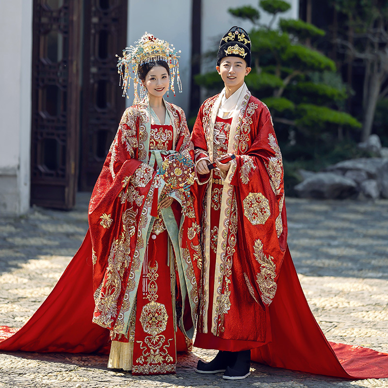 Tang Dynasty-Style Hanfu Wedding Dress, Elaborate Phoenix Crown and Robe Set, Full Bridal Chinese-Style Wedding Dress, Large Size, Red Tang Dynasty-Style Hanfu Wedding Dress, Elaborate Phoenix Crown and Robe Set, Full Bridal Chinese-Style Wedding Dress, Large Size, Red
