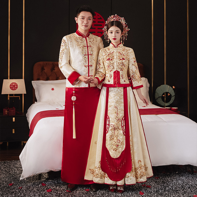 Golden Xiu Xiu Bride 2022 New Chinese wedding dress dress Dragon Fengxiang Champagne dress Show and suit