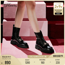 73Hours womens shoes Back stage new round toe thick heel black fashion boots thick sole ankle boots