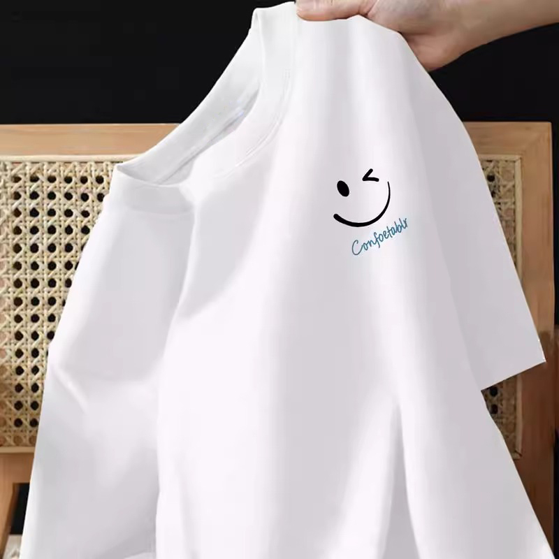 Hong Kong Style Trendy Short-Sleeved T-Shirt for Men, Summer Large Size Top, Smiley Face White T-Shirt, Breathable Half-Sleeve Base Shirt