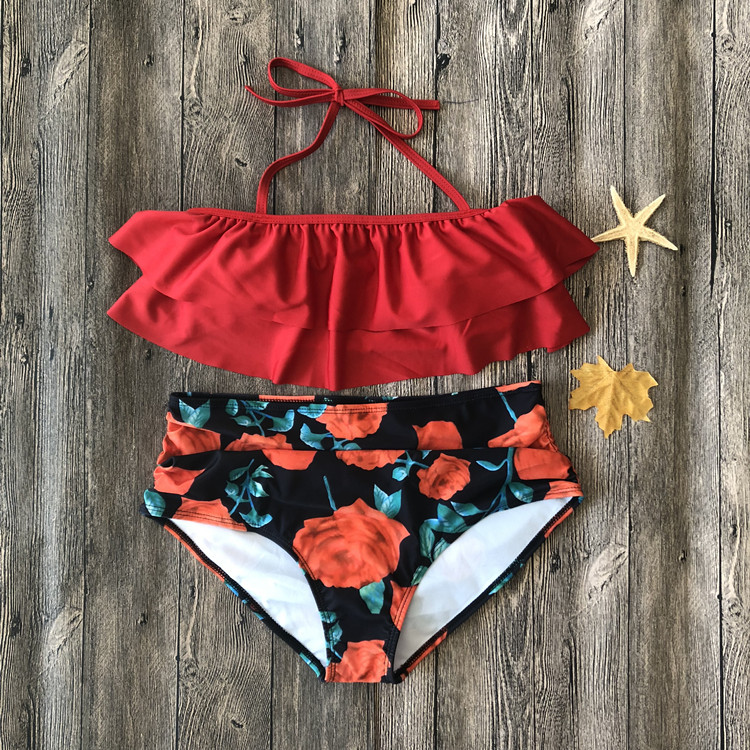 2019 mới châu Âu và Mỹ in bikini eo cao nhiều màu áo tắm bikini nữ xù áo tắm kích thước lớn - Bikinis ao tam dep