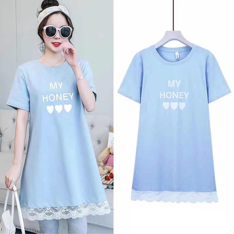 Maternity summer suit fashion two-piece new dress medium long cotton T-shirt Lace hem loose short sleeves