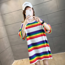 Pregnant womens new Korean version of pure cotton spring and summer short-sleeved loose rainbow stripes medium-long t-shirt five-point sleeve top cover