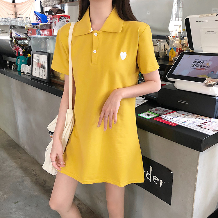 2021 Korean version of loose yellow top summer new pregnant women long short-sleeved t-shirt cartoon lapel skirt