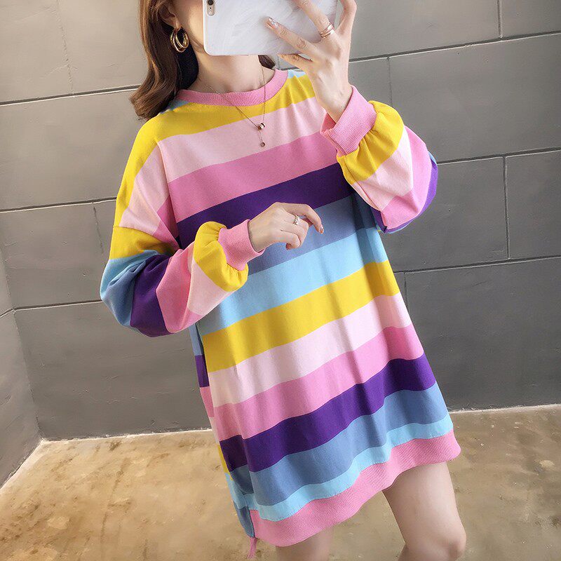 Pregnant woman pure cotton autumn clothing blouses Korean version loose rainbow stripe with long version of round collar large size pregnant woman thin cotton sweater
