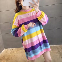 Pregnant women cotton autumn top Korean loose rainbow stripes long round neck large size pregnant women thin cotton sweater