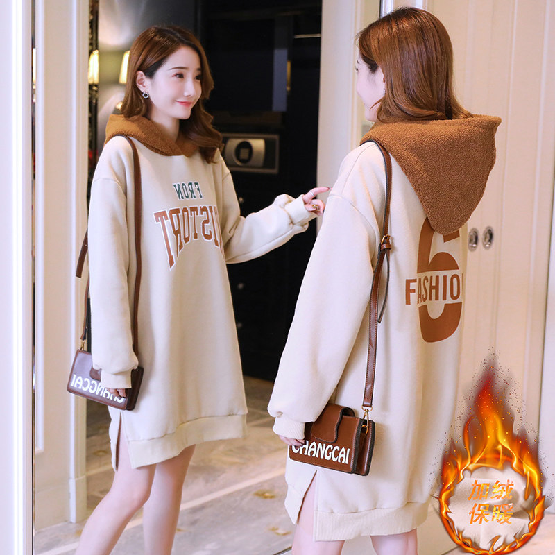 Pregnant women autumn and winter add cashmere thick sweater Teddy cashmere maternity long hooded top Warm loose long-sleeved