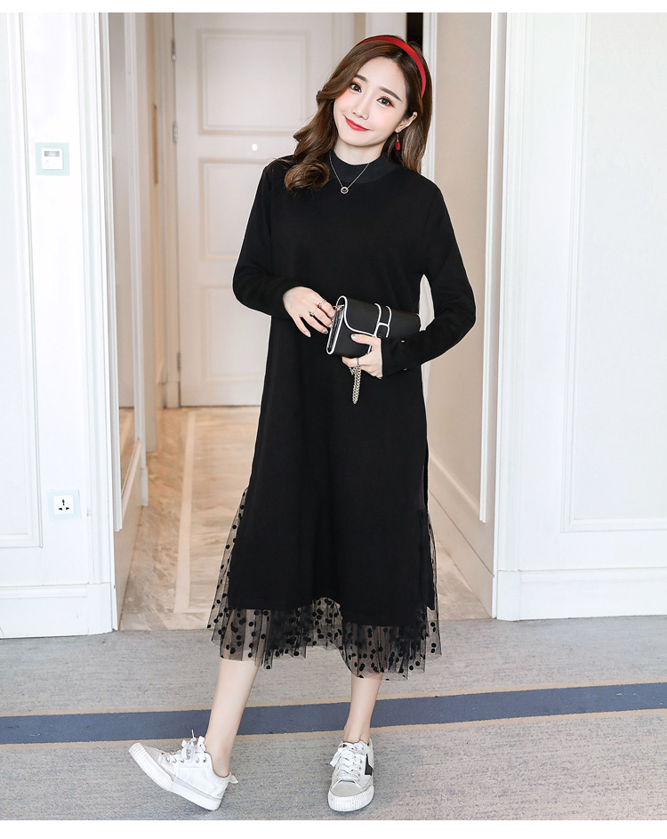 Mùa thu và mùa đông váy mới của Hàn Quốc thời trang giả hai mảnh của lưới polka dot khâu chia kích thước lớn loose dưới váy đầm trắng đẹp