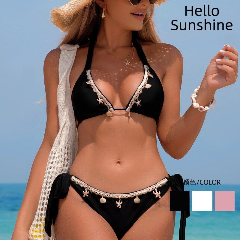 2025 New Solid Color Lace-Up Shell Three-Point Women's Bikini Black Two-Piece Swimsuit Bikini Beach