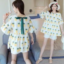 Pregnant Woman Fashion Suit Summer 2022 New Korean Version Printed Doll Shirt Short Sleeve Shorts Summer Fit Two Outwear