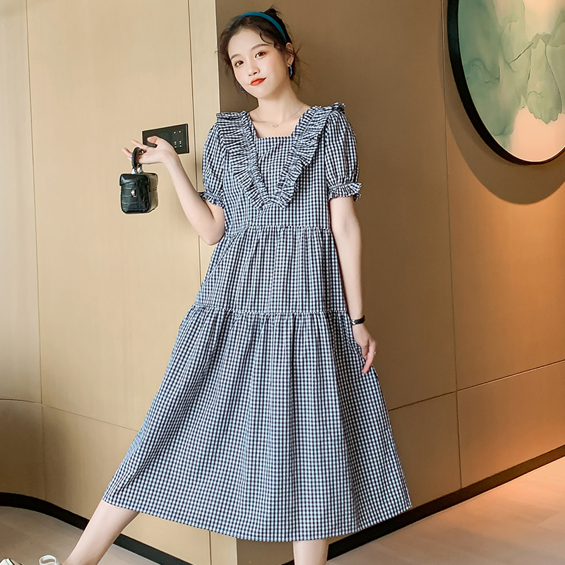 Pregnancy Woman dress with summer dress Dress Temperament Long Version Plaid Skirt Net Red summer V Spicy Mother Short Sleeve Long Ocean Dress Summer Women