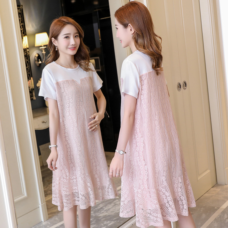 Pregnancy Woman Dress Spring summer lace Gentle Skirt Loose Korean version Short sleeves Summer clothing Pregnant Woman Skirt Boomer