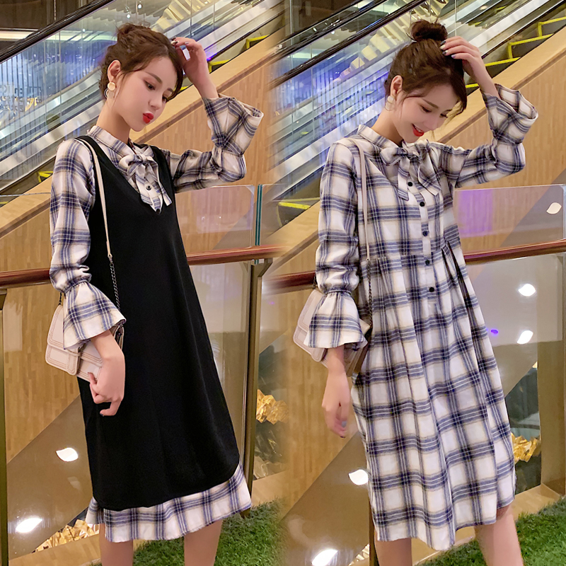 Maternity Autumn Suits Fashion Dresses Autumn Outgoing Plaid Shirts Net Red Knitted Skirts Spring and Autumn Two-piece Sets