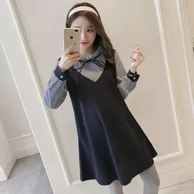 Pregnant women dress 2021 spring and autumn fake two pieces loose top autumn long sleeve base skirt foreign style pregnancy clothes