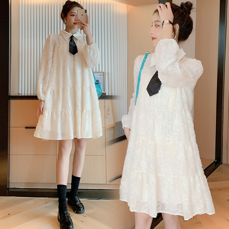 Autumn dress maternity dress mid-length version loose small fragrance lapel tie shirt dress spring and autumn long-sleeved A-line skirt women