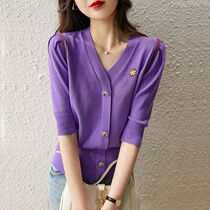Daisy embroidery bubble mid-sleeve purple knitted cardigan womens 2022 spring and summer new thin five-point sleeve V-neck top