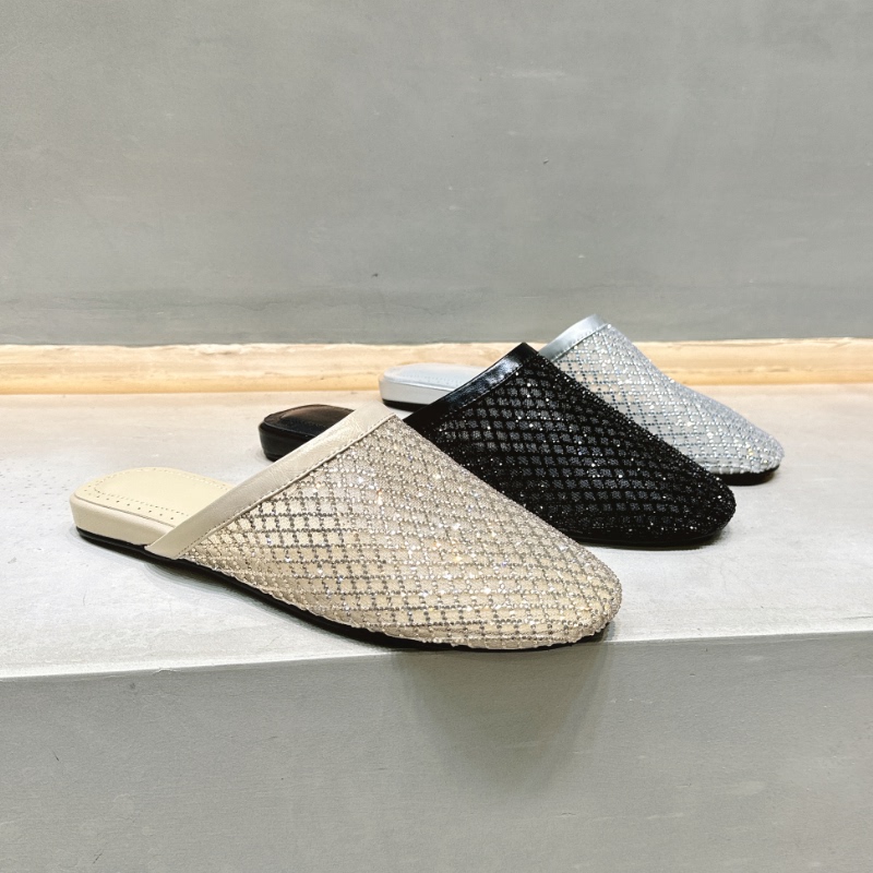 European Women's Shoes 2026 Spring/Summer New Genuine Leather Hollow Breathable Rhinestone Flat Slip-On Mules Lazy Slippers