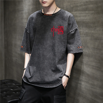 Denim Short Sleeve T-shirt Men Ins Trend Loose Casual Half Sleeve Compassionate Summer 2022 New Guys Clothes