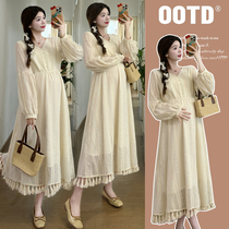 Maternity wear 2024 spring and summer French style slimming and sweet age-reducing embroidered tassel long-sleeved V-neck maternity dress