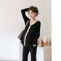Maternity wear early autumn new pampering skin-feeling contrasting color V-neck mid-length temperament sweater jacket womens slim top