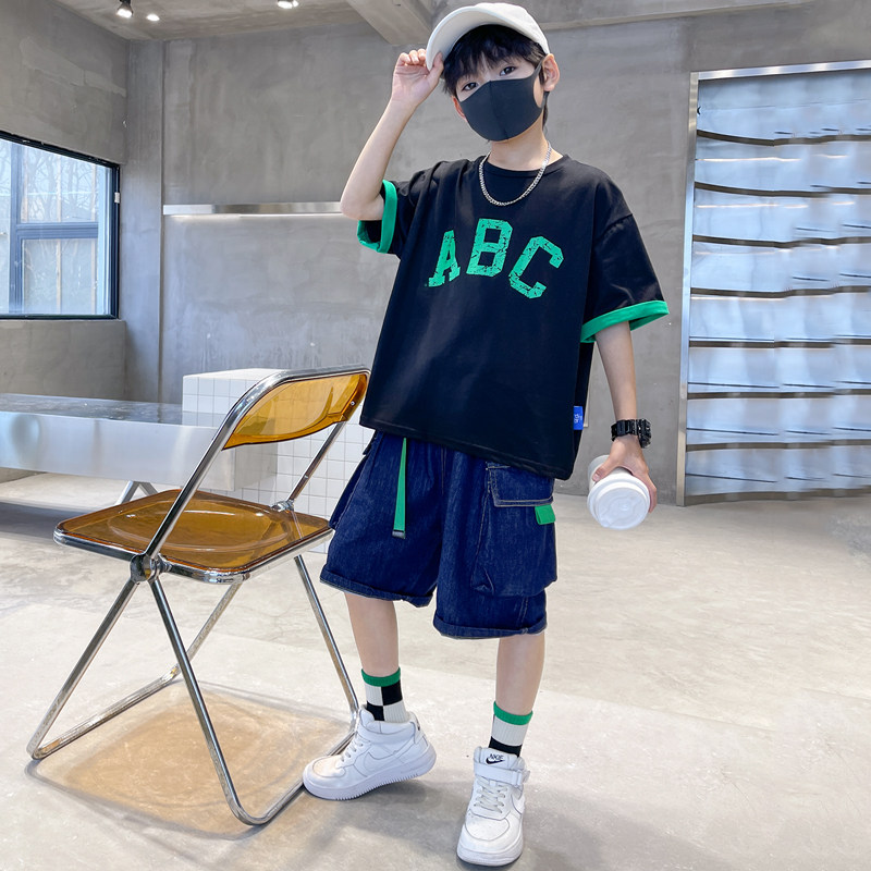 Boy short sleeve suit slim fit black summer dress 2022 new CUHK Tong Shuai Qi Tide Children Boy Fried Street Summer