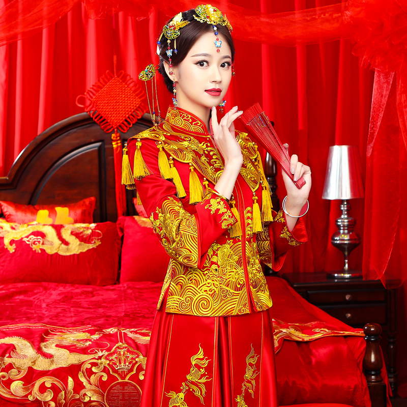 秀禾服新娘2019新款礼服女中式婚纱小个子敬酒服遮孕肚大码出阁服看买家秀Kanmjx.com