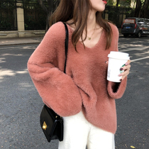 Pink V - collar sea sweater in 2022 autumn and winter new soft - glutinous wind and loose mink ferret thickening