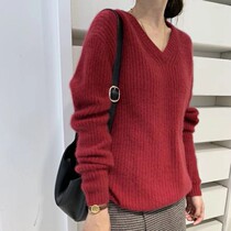 Christmas red sleeve V - collar sweater lazy wind 2022 new loose outer wear knitting blouse