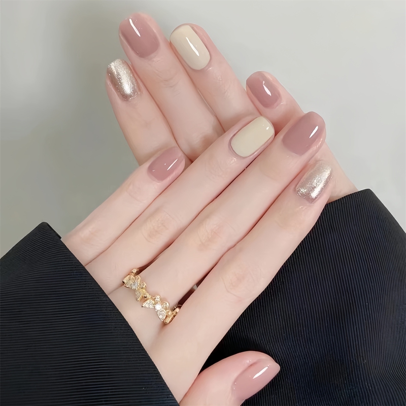 Champagne Gold Handmade Wearable Nail Art, Black Nude Pink Color Scheme, Simple and Versatile, Summer Pure Desire Wedding Nails, Suitable for Pregnant Women Champagne Gold Handmade Wearable Nail Art, Black Nude Pink Color Scheme, Simple and Versatile, Summer Pure Desire Wedding Nails, Suitable for Pregnant Women