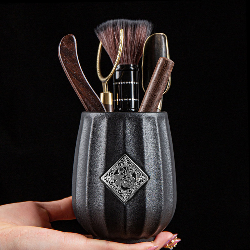 Tea Walk Six Gentlemen Suit Black Sandalwood Solid Wood Retro Ceramic Utiliturt Tea Accessories Tea Towels Tea Pinch Tea Knife Scissors Water Scraping