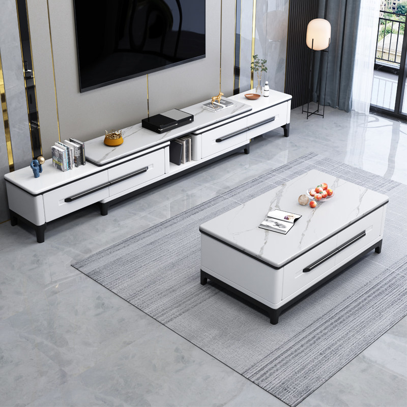 Rock panel TV cabinet Coffee table combination Modern simple Italian light luxury retractable household small household living room floor cabinet