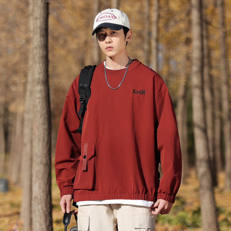 Long-Sleeve T-Shirt Men's Sweatshirt Spring and Autumn Red American Workwear Style Jacket with Pockets Trendy Inner Wear