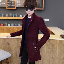  Windbreaker mens mid-length Korean version of the handsome student coat trend plus velvet thickening autumn and winter woolen tide jacket