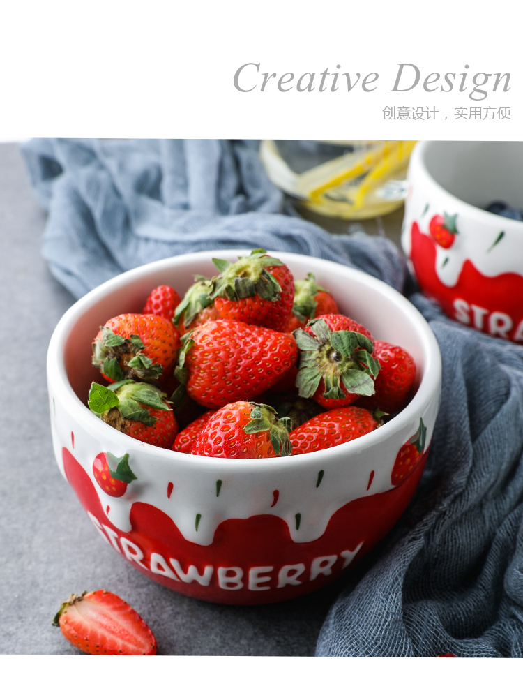Lovely ceramic strawberry household fruit salad bowl of oatmeal for breakfast bowl noodles bowl bowl eat a single