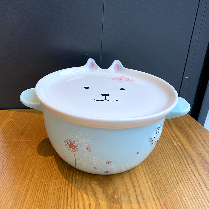 Mercifully rainbow such use ears ceramic bowl with cover and lovely young girl heart female student dormitory in the microwave bowl of soup bowl