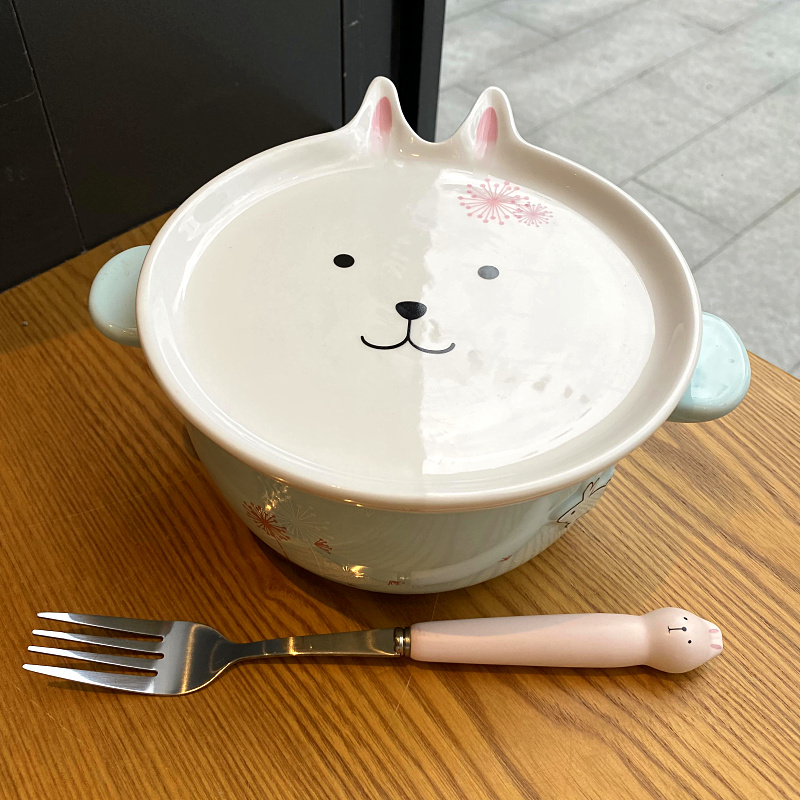 Mercifully rainbow such use ears ceramic bowl with cover and lovely young girl heart female student dormitory in the microwave bowl of soup bowl