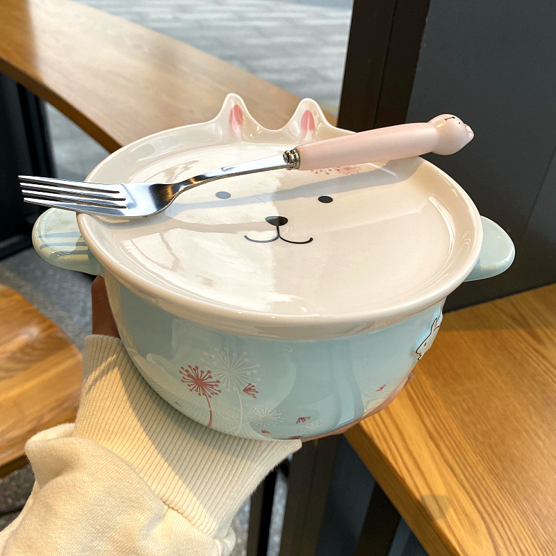 Mercifully rainbow such use ears ceramic bowl with cover and lovely young girl heart female student dormitory in the microwave bowl of soup bowl