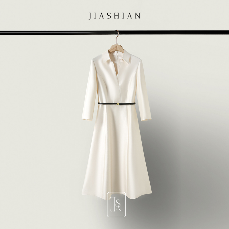 Jiashian Princess Luxurious Luster Heavy 32 Momme Mulberry Silk Wool Elegant Silhouette Three-Quarter Sleeve Dress