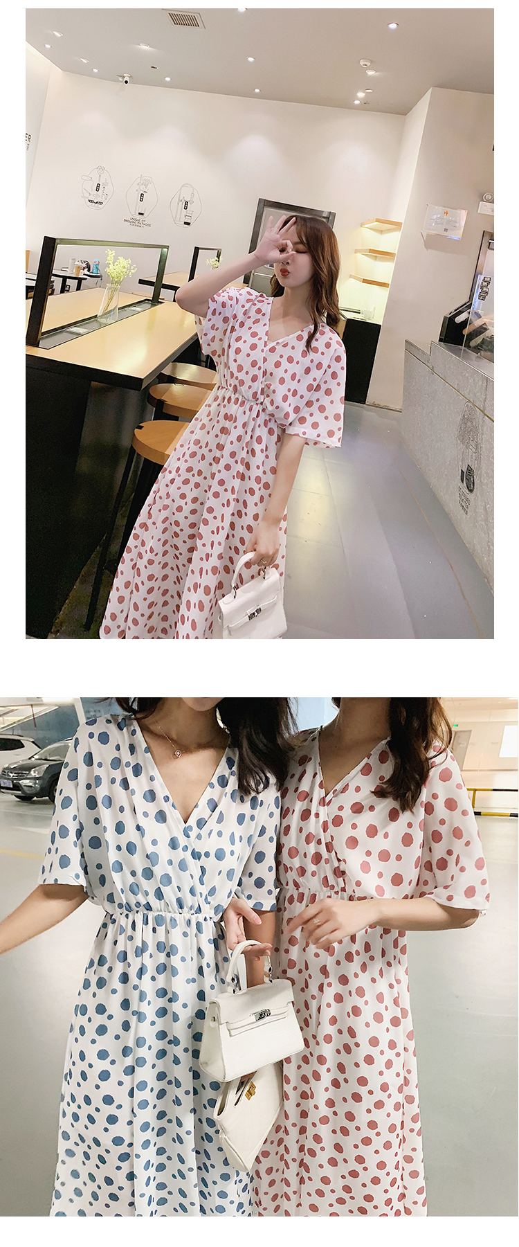 VK旗艦店 韓國風氣質復古波點V領雪紡圓點短袖洋裝