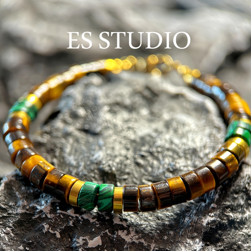 Natural Tiger Eye Stone Malachite Bracelet for Men and Women, Hip-Hop Retro Beaded Original Spacer Straight-Cut Pill Bracelet