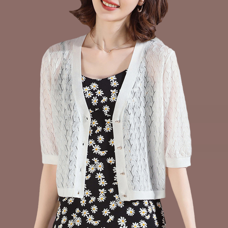 Women's Thin Mulberry Silk Cardigan for Summer, Mid-Sleeve Knitted Jacket, Short Hollow-Out Shawl to Pair with a Slip Dress Women's Thin Mulberry Silk Cardigan for Summer, Mid-Sleeve Knitted Jacket, Short Hollow-Out Shawl to Pair with a Slip Dress
