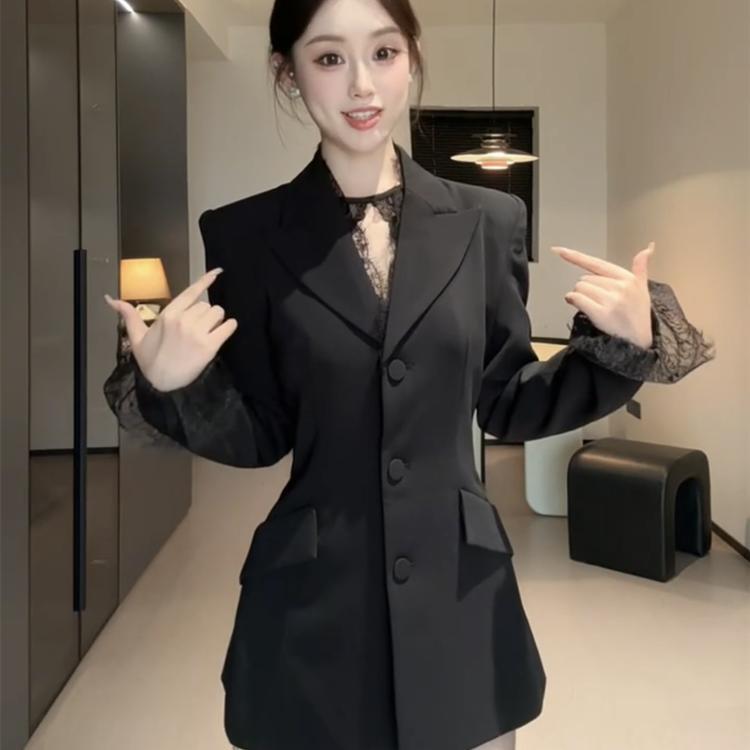 French-Style Niche Hot Girl Office Black Waist-Cinching Suit with a High-End Feel, Casual Professional Patchwork Lace Blazer for Women
